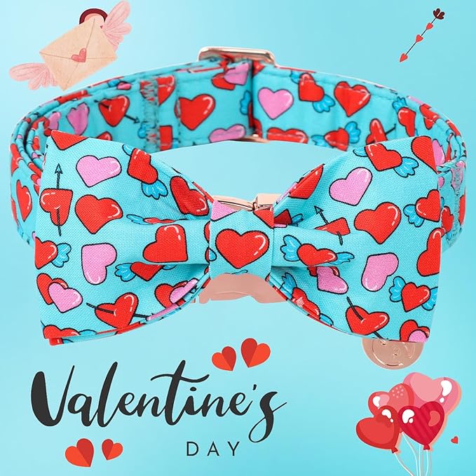 DOGWONG Valentine Dog Collar with Bow, Blue Heart Dog Collar Durable Soft Cotton Pet Dog Collar Cute Heart Valentines Day Puppy Necklace for Small Medium Large Dog