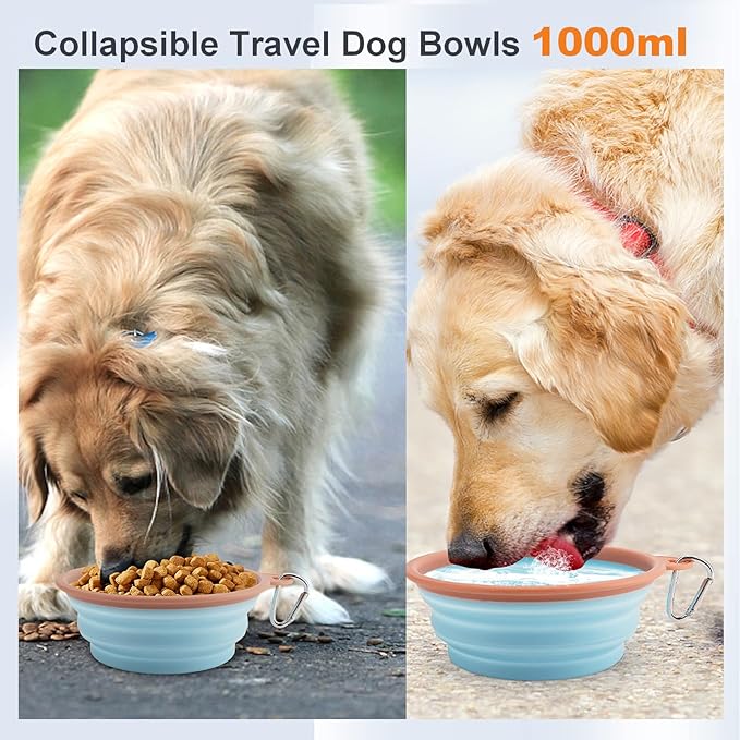 Collapsible Dog Bowls for Travel Portable Pet Food Bowl Compact Silicone Dog Water Dish with Carabiner Clip, BPA Free, Perfect for Large/Medium/Small Dog/Cat/Pets, 2 Pack, Sky Blue, 1000ML