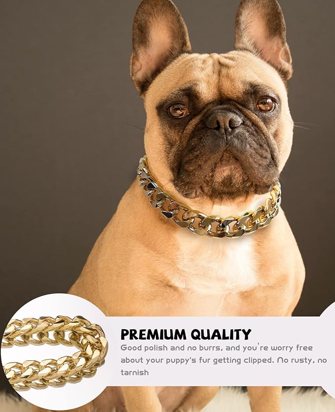 Gold Chain Dog Collar - 7/8 inch Wide Metal Cuban Link Dog Necklace with Leather Belt, Lightweight Protect Puppy's Neck, Cute Fashion Dog Jewelry Accessories 26 inches