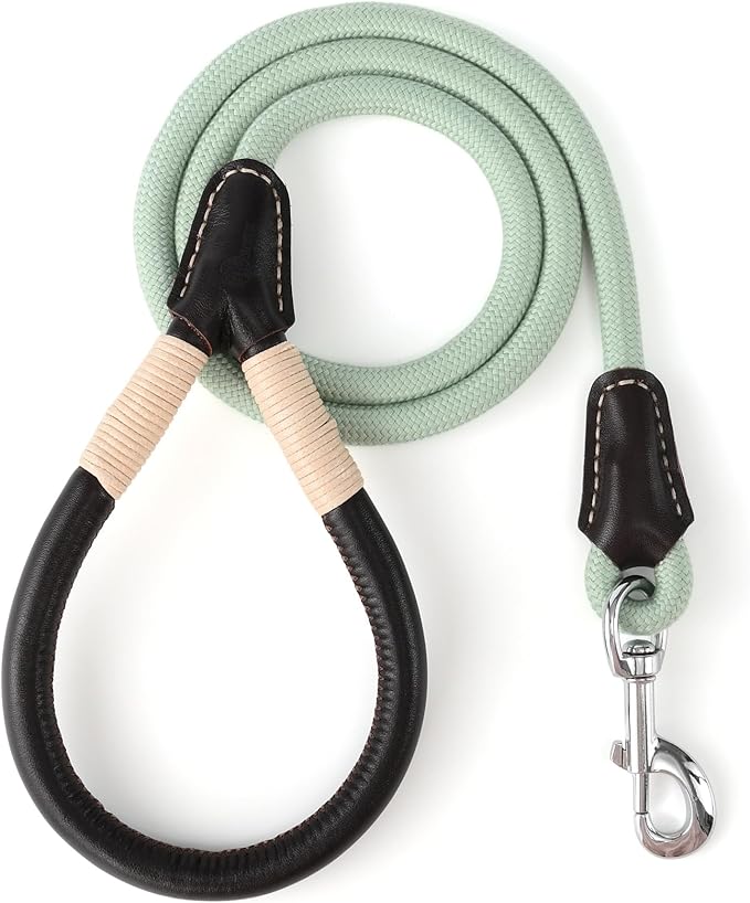 Mile High Life Genuine Leather Wrapped Handle Dog Leash, w Heavy Duty Clasp Rope Leash for Small Medium Large Dogs (Green, 4FT)