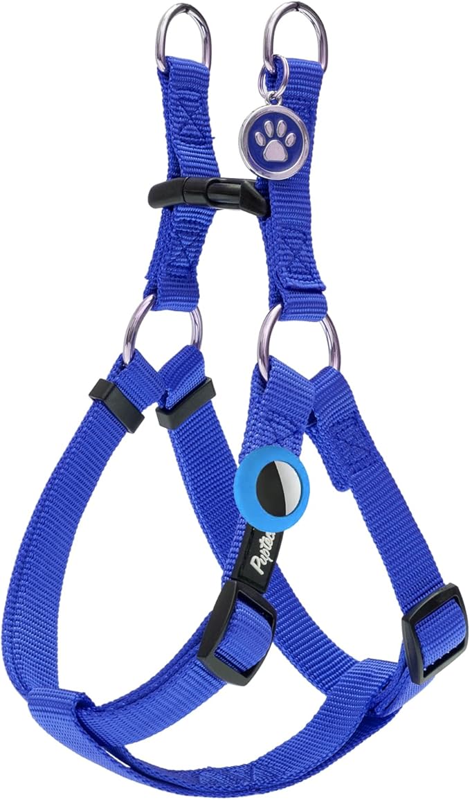PUPTECK No Pull Dog Harness Soft Adjustable Basic Nylon Step in Puppy Vest Outdoor Walking with ID Tag and A-ir Tag Case, Navy Blue, S