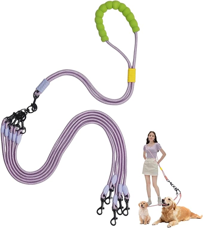 Double Dog Leash No Tangle, Adjustable Split Leads Five Pet Walking Leash with Comfortable Padded Handle for Five Dogs, Hands - Free Five Leashes for Small/Medium Pets (Purple, Five Leashes)