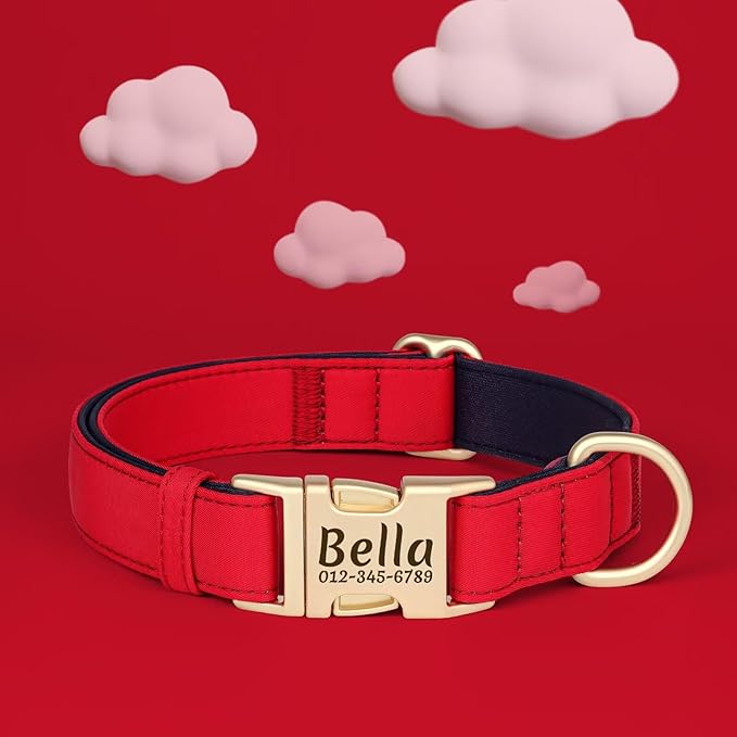 PET ARTIST Personalized Dog Collars, Colorful Red Custom Dog Collar with Silent Engraved ID Tag, Lightweight Breathable Nylon & Soft Padded, Matching Leash & Poop Bag for Medium Dogs,M Fit 13-20"