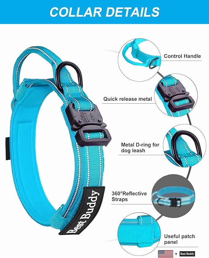 AUBELL Tactical Dog Collar and Leash Set, Reflective Adjustable Heavy Duty Military K9 Collars with Handle and Metal Buckle for Medium Dogs, with Airtag Case and 2 Patches(Blue,M)
