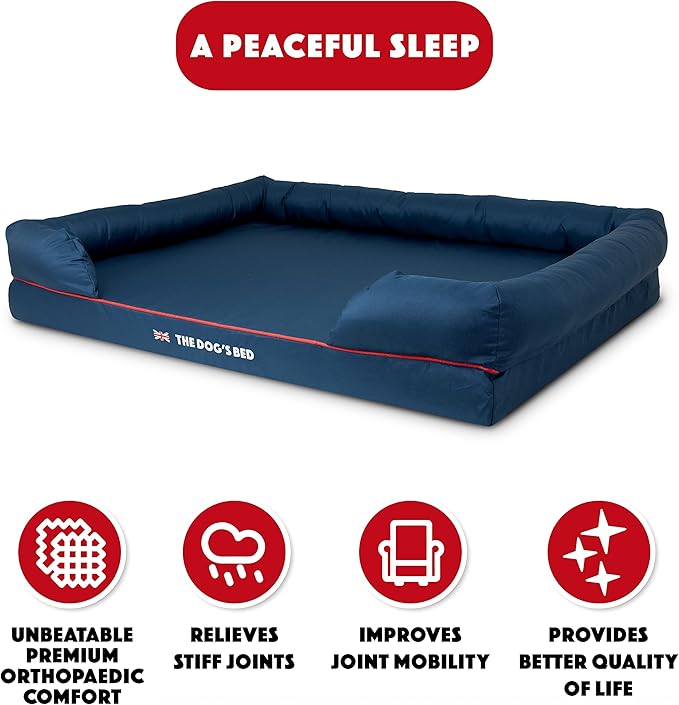 The Dog’s Bed Orthopedic Memory Foam Dog Bed with Bolsters, Oxford Fabric, Blue with Dark Red Trim, XXL