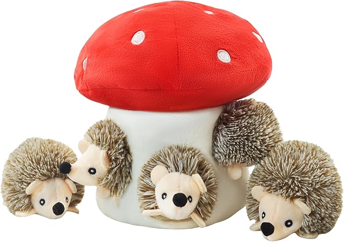 Dog Hide and Seek Toys Puppy Chew Squeaky Toys Plush Mushroom&Bamboo&Shell Hideout Stuffing with Squeakers Animals (Mushroom Hideout with 5 Hedgehog Brown)