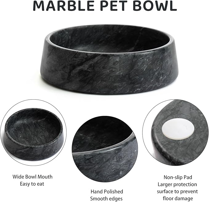Black Marble Dog Bowl, Non-Slip Non-Tipping Heavy Dog Food Bowl, Large Weighted Stone Dish, Natural Marble Pet Water Bowl, Easy to Clean, Present for Cat & Dog Lovers, Holds 6 Cups(6 lbs)