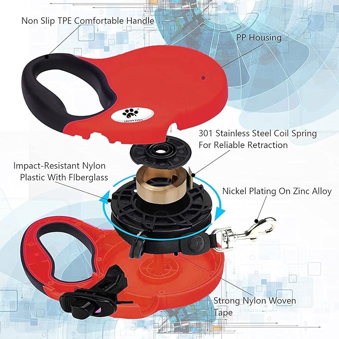 16 ft Retractable Dog Leash for Large Dogs up to 110 lbs,Tangle-Free Nylon Tape,Red L