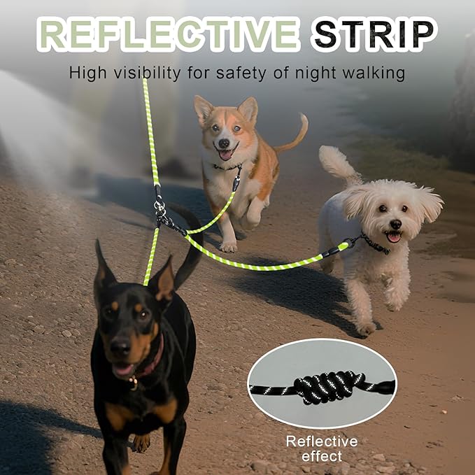 No Tangle 3 Dog Leash -Main Lead Rope with Padded Handle, Three Detachable Leash Splitters, Heavy-Duty Clip, 4.76ft for Walking, Running, Small, Medium, Large Dogs (Green)