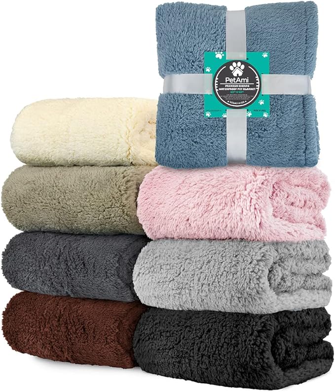 PetAmi Fluffy Waterproof Dog Blanket for Bed Large Dogs, Soft Warm Pet Sherpa Throw Pee Proof Couch Cover, Reversible Cat Blanket Sofa Crate Kennel Protector, Washable Mat Queen (Brown, 90x90)