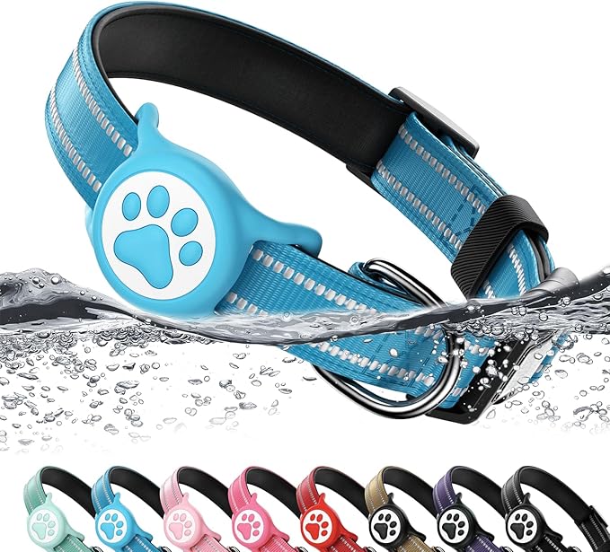 Airtag Dog Collar, Reflective Ultra-Durable Nylon Padded with QR Code Buckle & IP68 Waterproof Air Tag Holder Compatible for Apple AirTag, Comfortable for Small Medium Large Dogs(Blue,S)