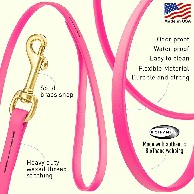 Viper Biothane K9 Working Dog Leash Waterproof Lead for Tracking Training Schutzhund Odor-Proof Long Line with Solid Brass Snap for Puppy Medium and Large Dogs, 15ft Passionfruit Pink