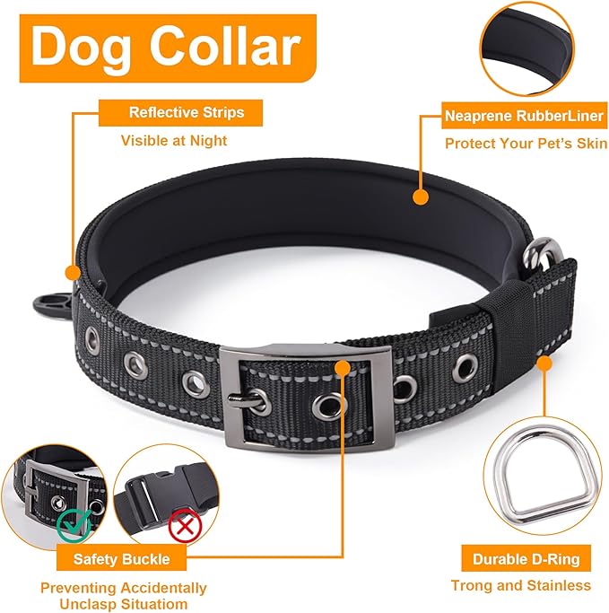 Annchwool Adjustable Dog Collar and 5 FT Leash Set with Heavy Duty Metal Buckle–Comfortable Lining Reflective Collar & Dual-Handles for Medium Large Dogs Walking,Running(Black Set,S:13''-17'')