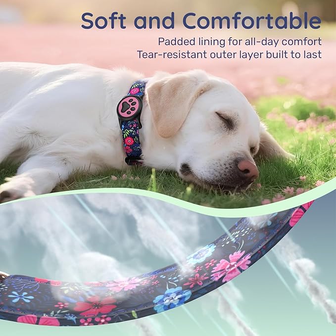 WhoseID Airtag Dog Collar,with Waterproof airtag Holder，Original Stylish Cute Pattern Design.QR Code ID Buckle，Comfortable Soft Cotton for Small Medium Large Dogs