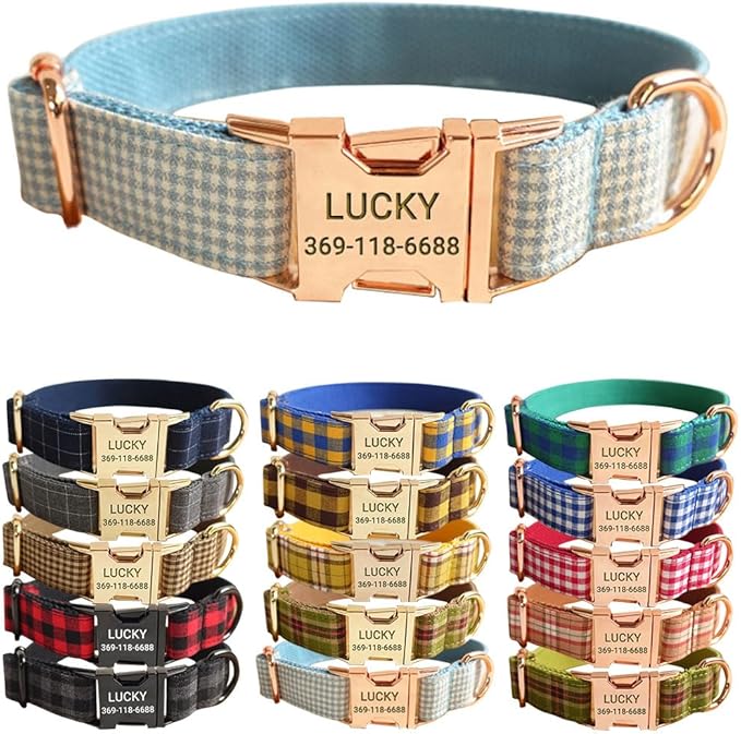 PETDURO Personalized Gingham Plaid Dog Collar Baby Blue - Engraved Name and Phone Number on Rose Gold Metal Buckle - Custom for Small Medium Large Boy Girl Dogs - Add Leash Bow Tie via Customize Now