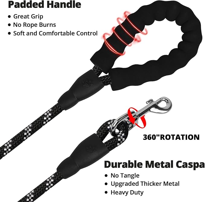 jenico Long Dog Leash 15FT: Heavy Duty Nylon Rope Leashes for Dogs Training with Reflective Threads Bungee and Padded Handle - Dog Lead for Large Small Medium Dogs Outside Walking Hiking