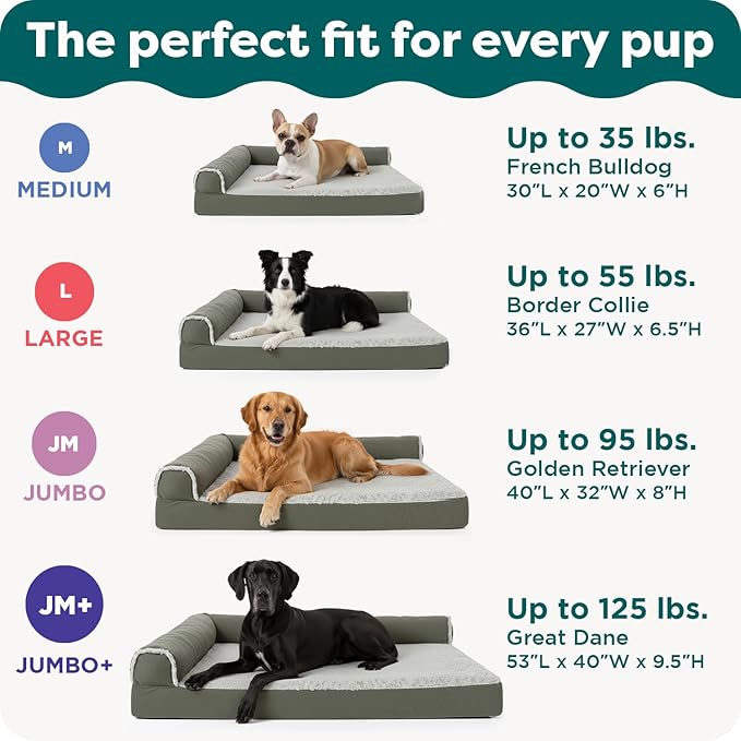 FurHaven Cooling Gel Dog Bed for Large Dogs, L-Shaped Chaise with Cool Gel-Top Foam with a Solid Orthopedic Foam Base for Joint Support, Washable Cover, Jumbo XL, Plush Faux Fur & Suede, Dark Sage