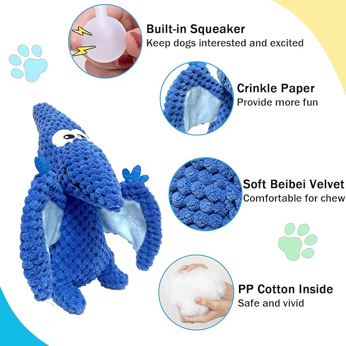 LWBMG Squeaky Dog Toys Plush Dog Toy with Crinkle Paper Dinosaur Dog Toy Stuffed Animals Chew Toy Plush Squeaky Dog Birthday Toys for Small Medium Large Dogs Green Blue