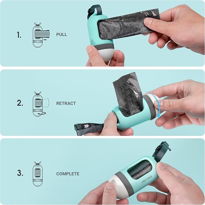 SVD.PET Dog Poop Bag Dispenser, Retractable Dog Waste Bag Holder for Leash, Pet Poop Bag Holder with 15 Bags, Dog Walking Accessory (Blue/Jade)