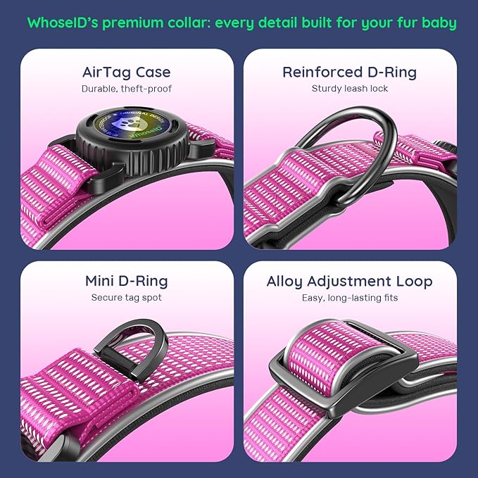WhoseID Premium AirTag Dog Collar - Waterproof Medium Air Tag Dogs Collar | Magnetic Buckle Heavy Duty Collar | Reflective Dog Collar with AirTag Holder