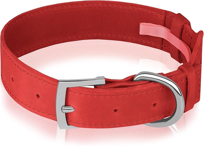 Leather Dog Collar with Airtag Holder - Apple Air Tag Dog Collars - Soft Tracking GPS Pet Collar for Small Medium Large Dogs Breed Puppy (Red, XL, 19"-24" Neck Fit)