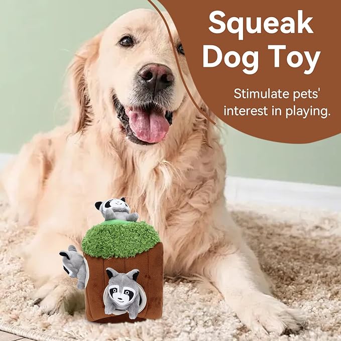 Cyrank Hide and Seek Dog Toy, Raccoon Tree House Dog Puzzle Toys Squeaky Plush Dog Game Toys Funny Dog Toy for Puppy and Small Dog