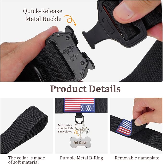 Heavy Duty Tactical Dog Collar Adjustable Nylon Pet Collars Quick Release Buckle with 2 D-Rings Patch for Medium, Large Dogs (Black, Size M)