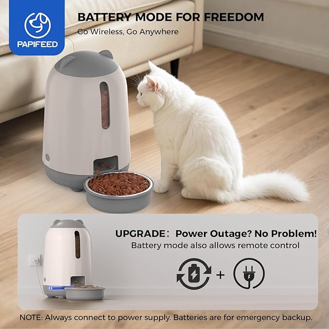 PAPIFEED Automatic Cat Feeder with App Control, 2.4G WiFi Auto Cat Food Dispenser, 3L Cat Feeder Automatic with Dual Power Supply, Easy-Clean Design for Cats & Small Dogs (Grey)