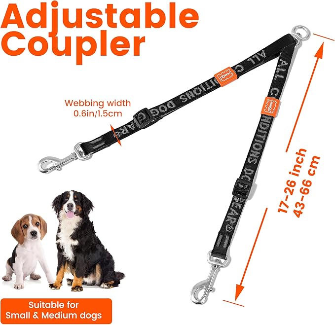 HOWGO Double Dog Leash, No Tangle 360° Swivel, Adjustable Two Padded Handles, Double Clip Dog Leash Coupler Splitter for 0~50 lbs Small and Medium Breeds (Orange, 2/3'' x 0.9 FT, Ultralight)