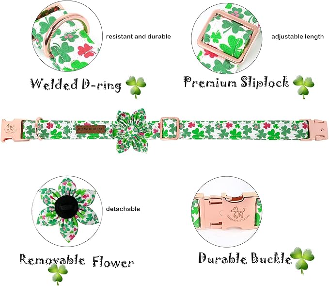 Elegant little tail St. Patrick's Dog Collar with Flower, Dog Collars Flowers Green Clover Girl Pet Gift Adjustable Pet Collars for Medium Dogs