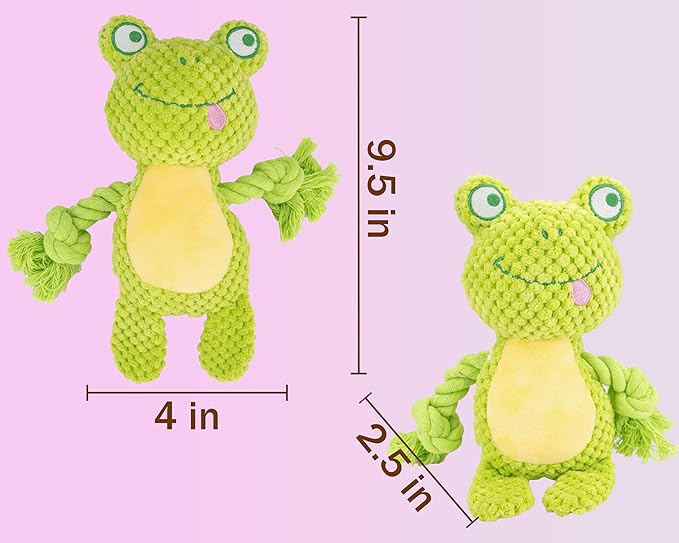 Dog Toy Squeaky Chewing Rope Stuffed Plush Animal with Crinkle Paper Interactive Soft Aggressive S-M-L Pets Gift Holiday Green Frog