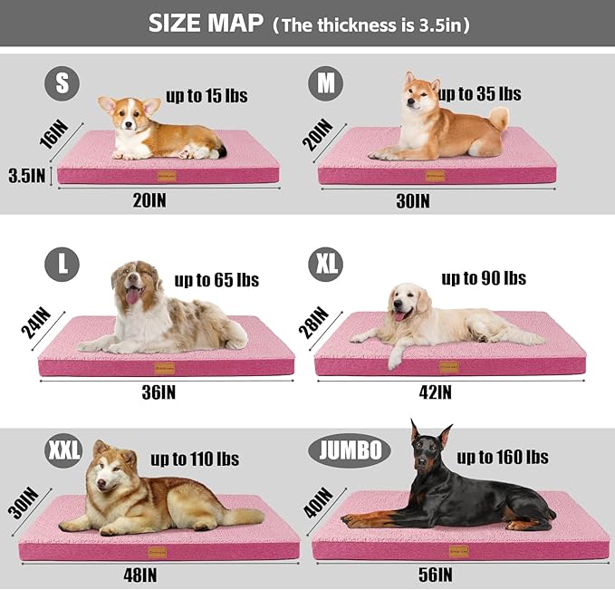 Patas Lague Orthopedic XL Dog Bed Large Sized Dog 48''X30'', Soft Waterproof Egg Crate Foam Large Pet Crate Beds Mat with Removable Washable Cover and Non-Slip Bottom, Hot Pink