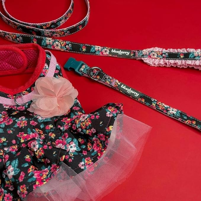 Blueberry Pet Made Well Elegant Floral Print Adjustable Dog Collar in Sleek Black with Pink Artificial Silk Flower, X-Small, Neck 7.5"-10"
