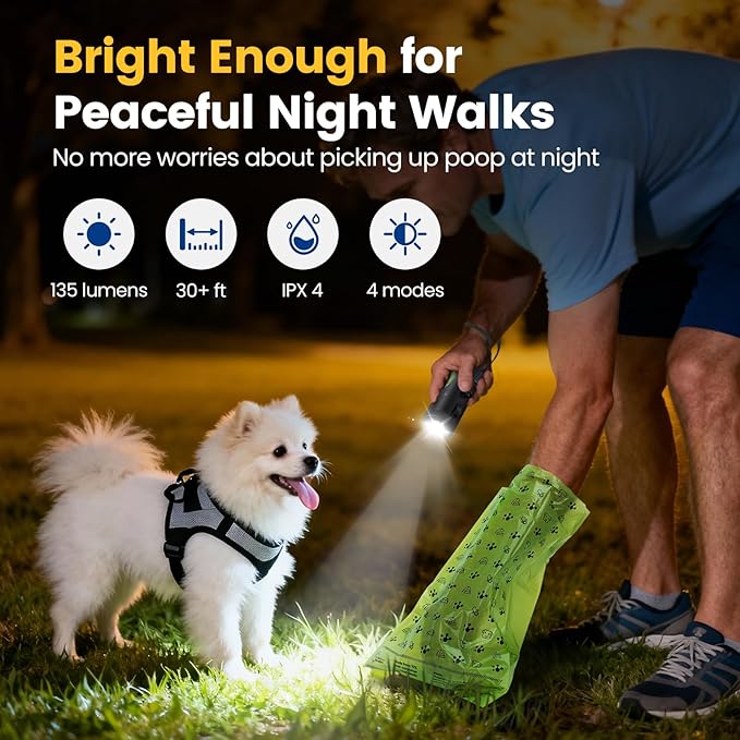 Dog Poop Bag Holder with 4 Modes Flashlight Rechargeable, Smart Dispenser with Used Bags Hook & Retractable Bags Design, Dog Walking Accessory with Carabiner Clip Fits Any Leash (60 Bags Included)
