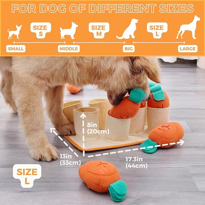 Fossa Boredom Buster for Medium & Large Dog, Interactive Treat Puzzle Rug, Slow Feeder Mat with Squeaky Carrots, 20-40 Mins Self-Entertainment Toy, Enrichment Toy Gifts for Dog