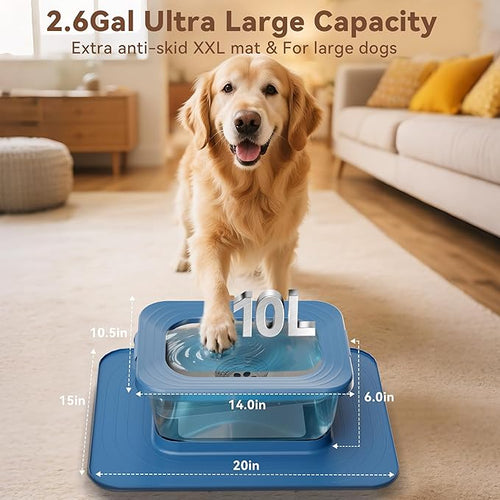 10L No Spill Dog Water Bowl, 2.6 Gal Stainless Steel No Splash Large Dog Water Bowl with Non-Slip Silicone Mat, Spill Proof Slow Drinking Pet Bowls for Messy Drinkers Indoor/Outdoor Use Blue