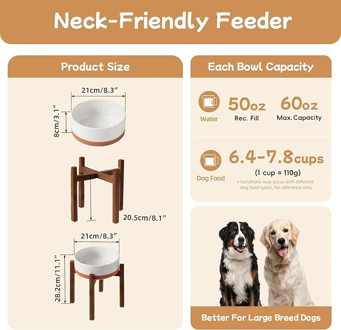 Ceramic 8.2inch Raised Dog Bowl Set, Elevated with Acacia Wood Stand, Food and Water Bowl for Large Breed Dogs, Weighted Pet Dishes(60oz, Vanilla White)