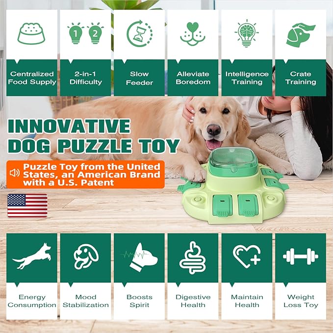 KADTC 2 Levels of Challenge Dog Puzzle Feeder Toy U.S. Brand & Design Push-to-Release Treat Dispenser for Small Medium Large Dogs All Breeds Puppy Mental Stimulation Enrichment Feeding Food Slow Toys