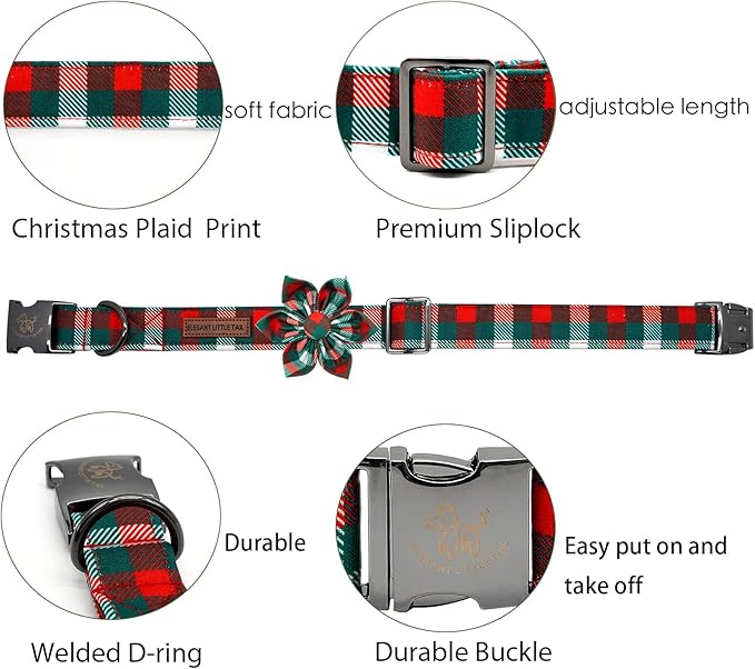 Elegant little tail Dog Collar with Flower, Christmas Dog Collar Plaid Dog Flower Collar Dog Girl Pet Collar Adjustable Dog Collars for Large Dogs