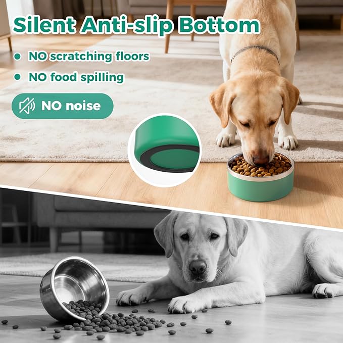 LIHONG Stainless Steel Dog Bowls for Small Medium Sized Dogs Non Slip,Insulated Dog Bowl,Pet Bowl for Food and Water,Rustproof(40oz,Deep Green)