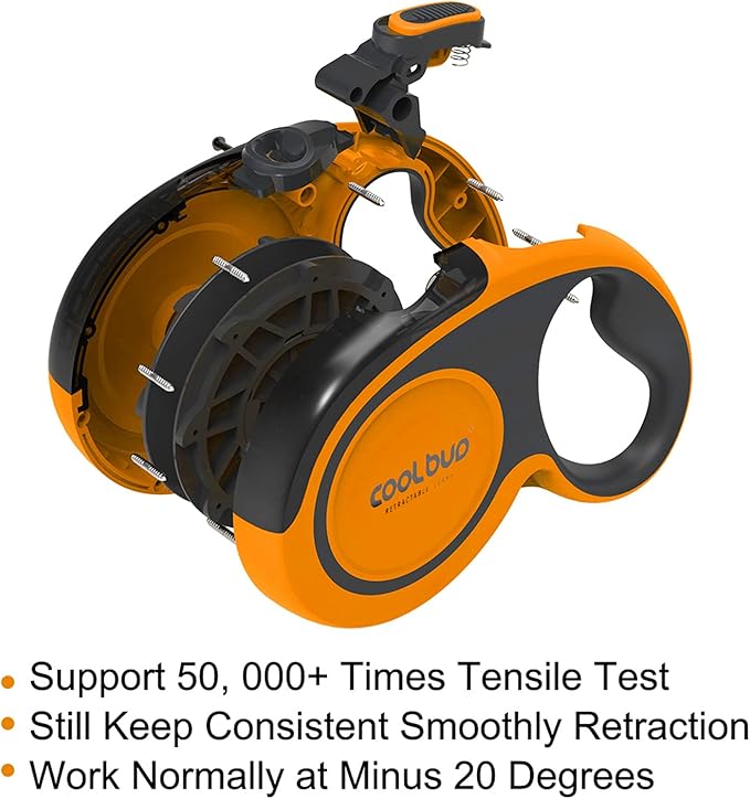 360° Tangle-Free, Heavy Duty Retractable Dog Leash with Anti-Slip Handle; 16 ft Reflective Strong Nylon Tape; for Large Dog or Cat up to 110 lbs; One-Handed Brake, Pause, Lock (Orange, Large)