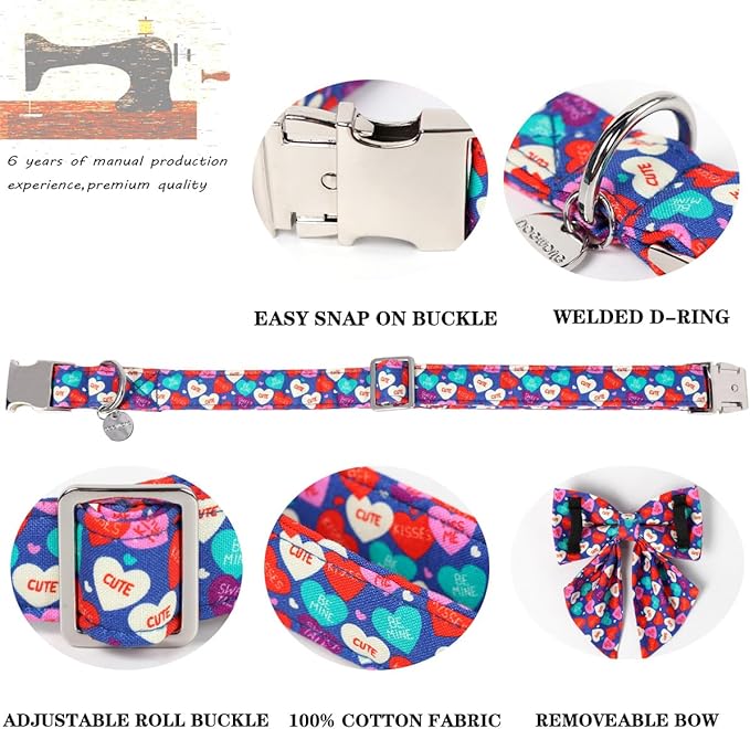 DOGWONG Valentine's Dog Collar with Saolor Bowtie, Blue Heart Bowtie Dog Collar, Adjustable Durable Pink Heart Dog Collar Cute Dog Collar for Small Medium Dogs