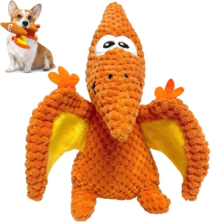 LWBMG Squeaky Dog Toys Plush Dog Toy with Crinkle Paper Dinosaur Dog Toy Stuffed Animals Chew Toy Plush Squeaky Dog Birthday Toys for Small Medium Large Dogs Orange