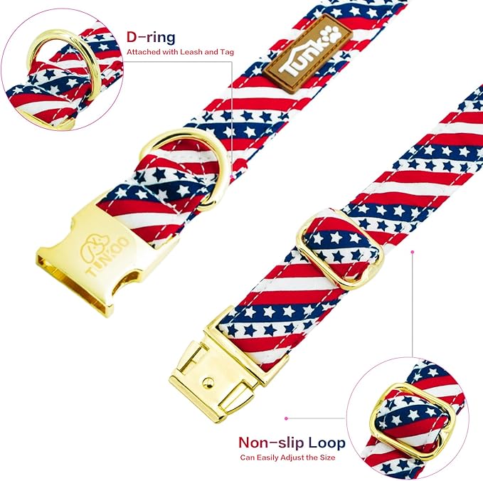 Tunkoo American Flag Dog Collar with Cute Bow Tie 4th of July Cotton Collar Adjustable Durable for Outside Small Medium Large Boys Girls Dogs, M