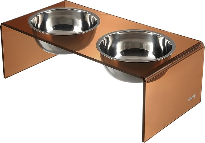 The LICKER Store DBL2001D Keaton 7.5" Medium/Large Modern Acrylic Rectangular Elevated Pet Feeder with 54oz 2-Stainless Steel Bowls, Amber/Chrome