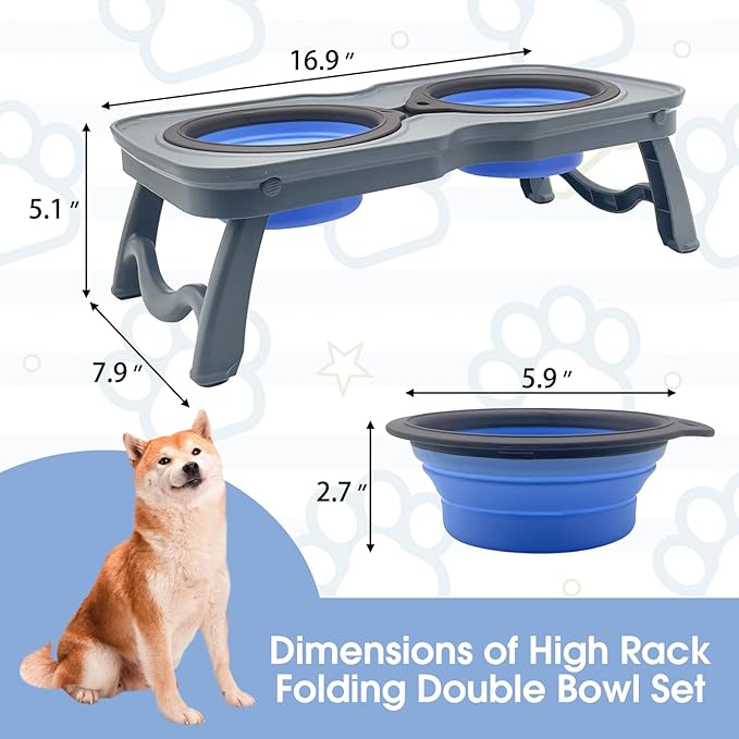 PINVNBY Elevated Portable Dog Bowl, Travel Raised Dog Stand with Collapsible Silicone Double Diner Puppy Bowls Non-Slip Dog Food Water Bowls Holder for Small Dogs and Cats - 14.6" L x 7.5" W x 3.9" H