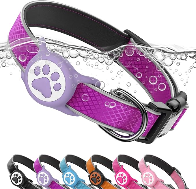 Reflective Dog Collar with Waterproof Air tagholder & Anti-Lost QR Code | Ultra-Durable | Soft Padded | Safety Locking Buckle | Fit Large Dogs (Purple L(15.7"-23.6"))