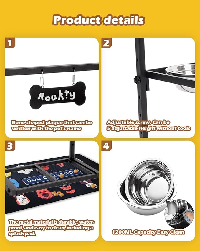 Elevated Dog Bowls with Slow Feeder & Mat, Adjusable Height Raised Dog Bowl Stand with 2 Stainless Steel 1200ML Bowl
