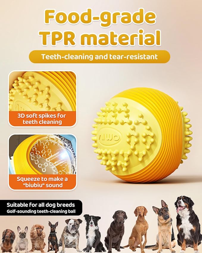 Dog Squeaky Chew Ball for Aggressive Chewers Food Grade TPR, Indestructible Design Dental Cleaning Toy, Anti Choking Fetch Ball for Small Medium Large Dog, Long Lasting Interactive Play Yellow