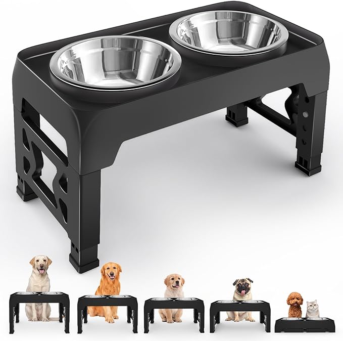 Elevated Dog Bowls for Medium Large Dogs - 5 Height Adjustable Mess Proof Raised Bowl Stand with 2 44oz Stainless Steel Food Bowls Dish Set Adjusts to 3.54’’-12.13’’ Non-Slip Black (DB-B)
